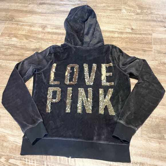 Victoria's Secret Tops - Victoria’s Secret Pink Hoodie Medium Black Gold Sequin Bling Vintage Full Zip
